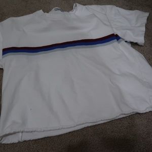 White Crop Top with red, blue, and grey stripes